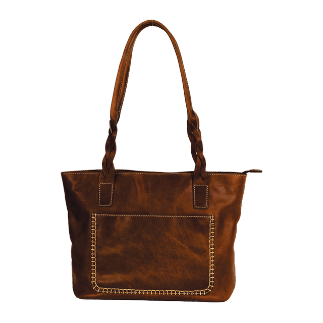 Brown leather handbag with braided handles on a white background - okotoks hc pharmacy