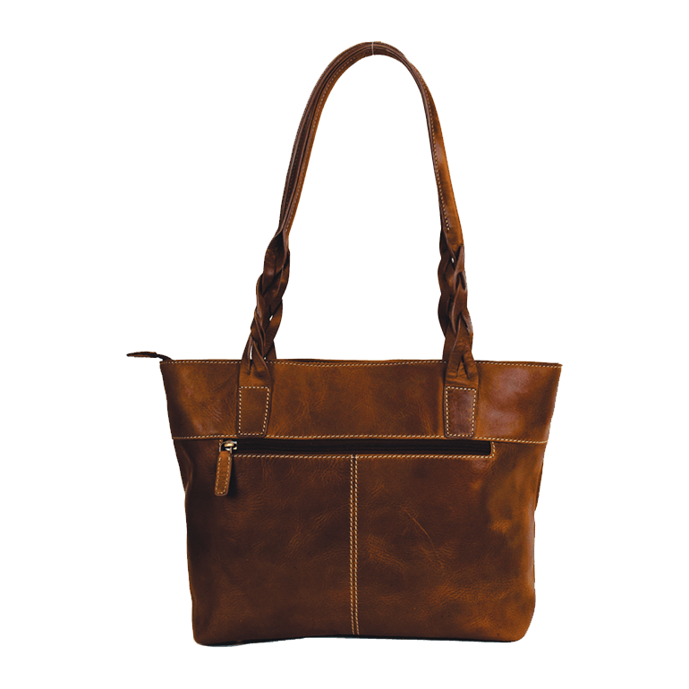 Brown leather handbag with braided handle on a white background - okotoks hc pharmacy