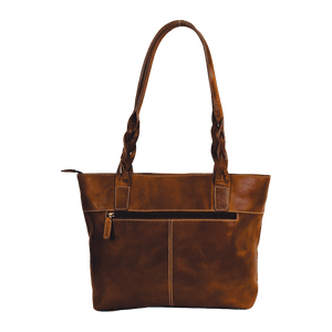 Brown leather handbag with braided handle on a white background - okotoks hc pharmacy