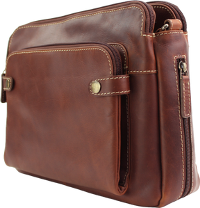 Brown leather bag with multiple compartments on a white background - okotoks hc pharmacy
