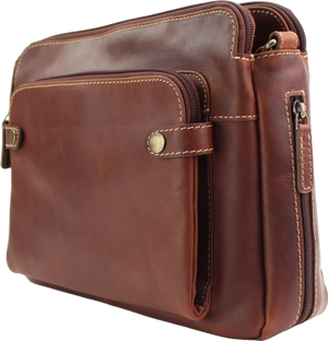 Brown leather bag with multiple compartments on a white background - okotoks hc pharmacy