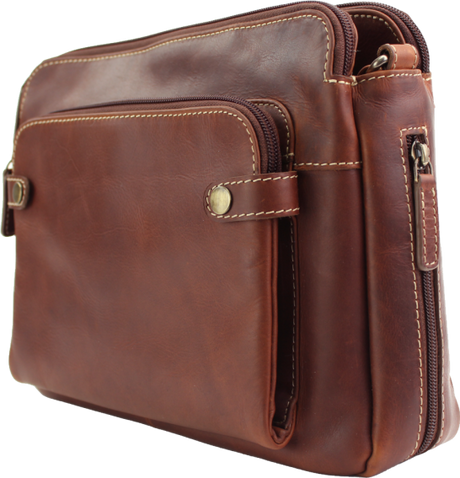 Brown leather bag with multiple compartments on a white background - okotoks hc pharmacy