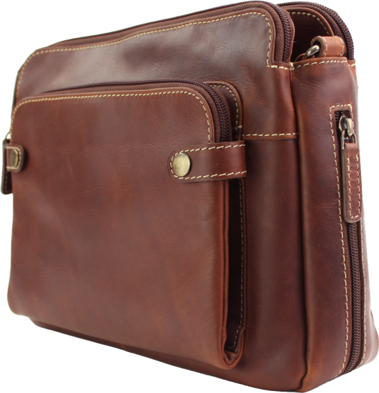 Brown leather bag with multiple compartments on a white background - okotoks hc pharmacy