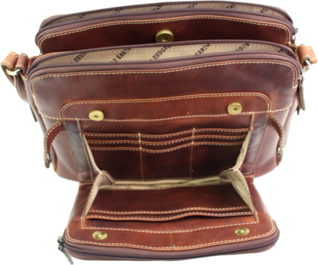 Brown leather bag with visible stitching and gold hardware on a white background - okotoks hc pharmacy