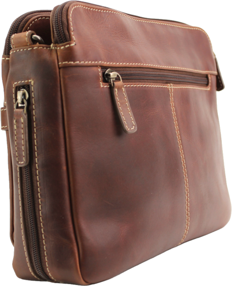 Brown leather bag with zippers on a white background - okotoks hc pharmacy