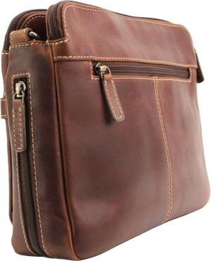 Brown leather bag with zippers on a white background - okotoks hc pharmacy