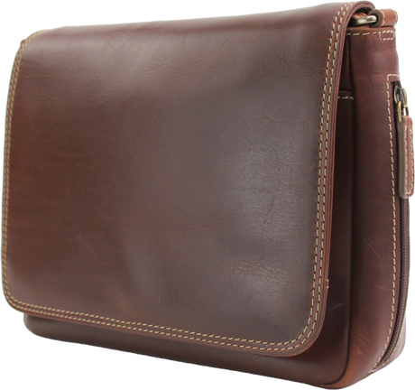 Brown leather bag with visible stitching on a white background - okotoks hc pharmacy