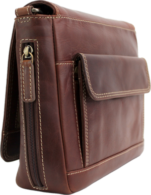 Brown leather briefcase with a flap and zipper on a white background - okotoks hc pharmacy