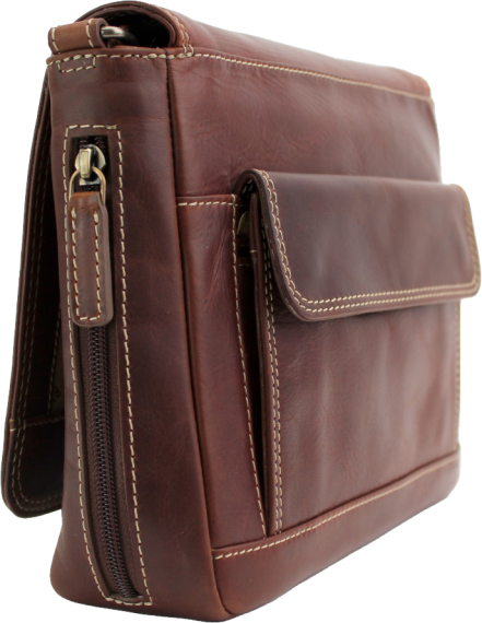 Brown leather briefcase with a flap and zipper on a white background - okotoks hc pharmacy