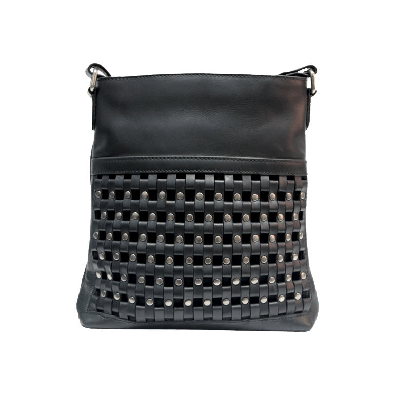 Black leather handbag with woven pattern on a black background - okotoks hc pharmacy