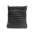 Black leather handbag with woven pattern on a black background - okotoks hc pharmacy