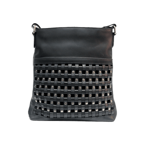 Black leather handbag with woven pattern on a black background - okotoks hc pharmacy
