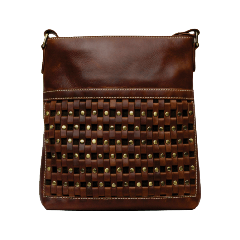 Brown leather crossbody bag with woven pattern and studs on a black background - okotoks hc pharmacy