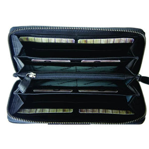 An open black zip-around wallet with multiple interior card slots and compartments, photographed against a plain white background. - okotoks hc pharmacy