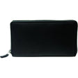 A black leather zip-around wallet shown from the front on a plain white background. - okotoks hc pharmacy