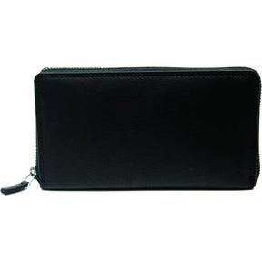 A black leather zip-around wallet shown from the front on a plain white background. - okotoks hc pharmacy