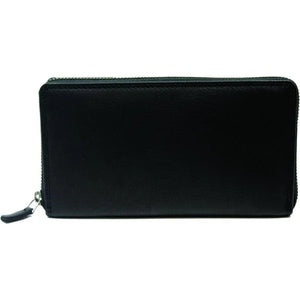 A black leather zip-around wallet shown from the front on a plain white background. - okotoks hc pharmacy
