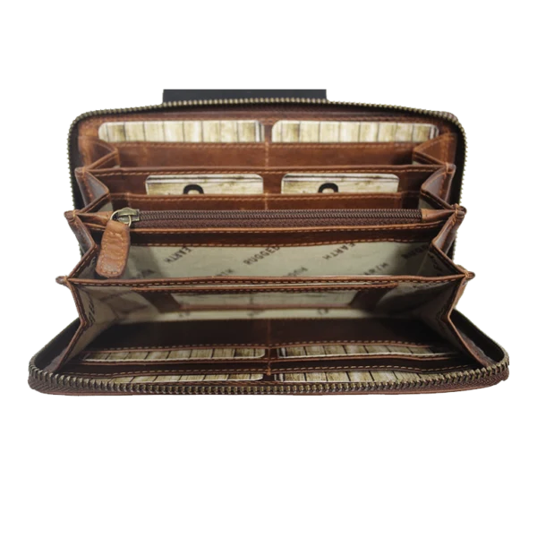 An open brown leather wallet with multiple card slots, zip compartments, and an interior lining - okotoks hc pharmacy