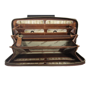 An open brown leather wallet with multiple card slots, zip compartments, and an interior lining - okotoks hc pharmacy
