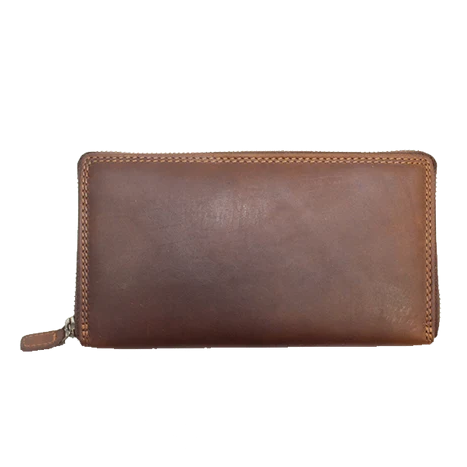 A brown leather zip-around wallet with visible stitching and a small leather pull tab, shown against a plain white background. - okotoks hc pharmacy