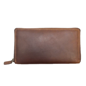 A brown leather zip-around wallet with visible stitching and a small leather pull tab, shown against a plain white background. - okotoks hc pharmacy