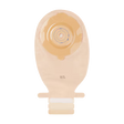 A beige plastic ostomy bag with a matching beige adhesive flap and a white connector collar at the bottom, shown against a plain white background. - okotoks hc pharmacy