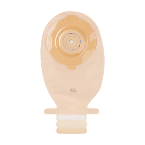 A beige plastic ostomy bag with a matching beige adhesive flap and a white connector collar at the bottom, shown against a plain white background. - okotoks hc pharmacy