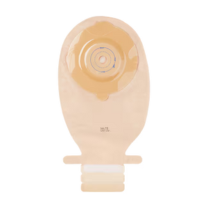 A beige plastic ostomy bag with a matching beige adhesive flap and a white connector collar at the bottom, shown against a plain white background. - okotoks hc pharmacy