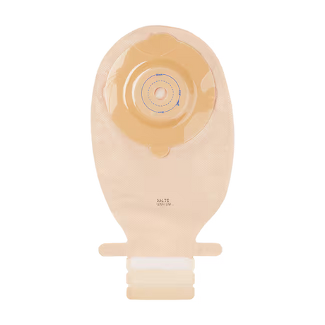 A beige plastic ostomy bag with a matching beige adhesive flap and a white connector collar at the bottom, shown against a plain white background. - okotoks hc pharmacy