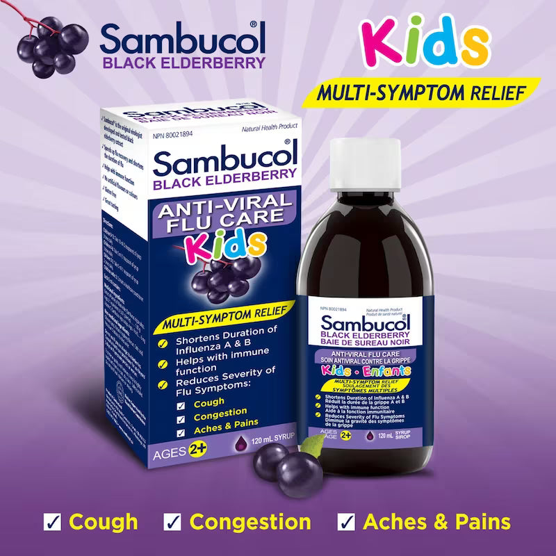 Sambucol Black Elderberry Kids Anti-Viral Flu Care packaging and bottle on a purple background - okotoks hc pharmacy
