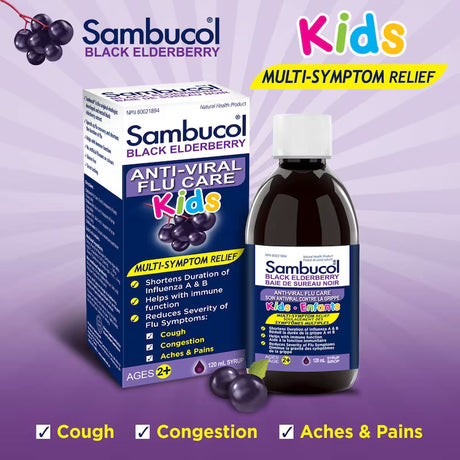 Sambucol Black Elderberry Kids Anti-Viral Flu Care packaging and bottle on a purple background - okotoks hc pharmacy