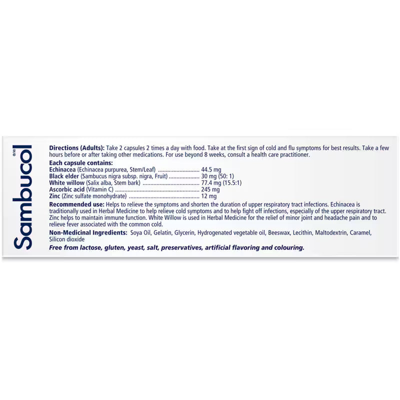 Sambucol product label with directions and ingredients on a white background - okotoks hc pharmacy