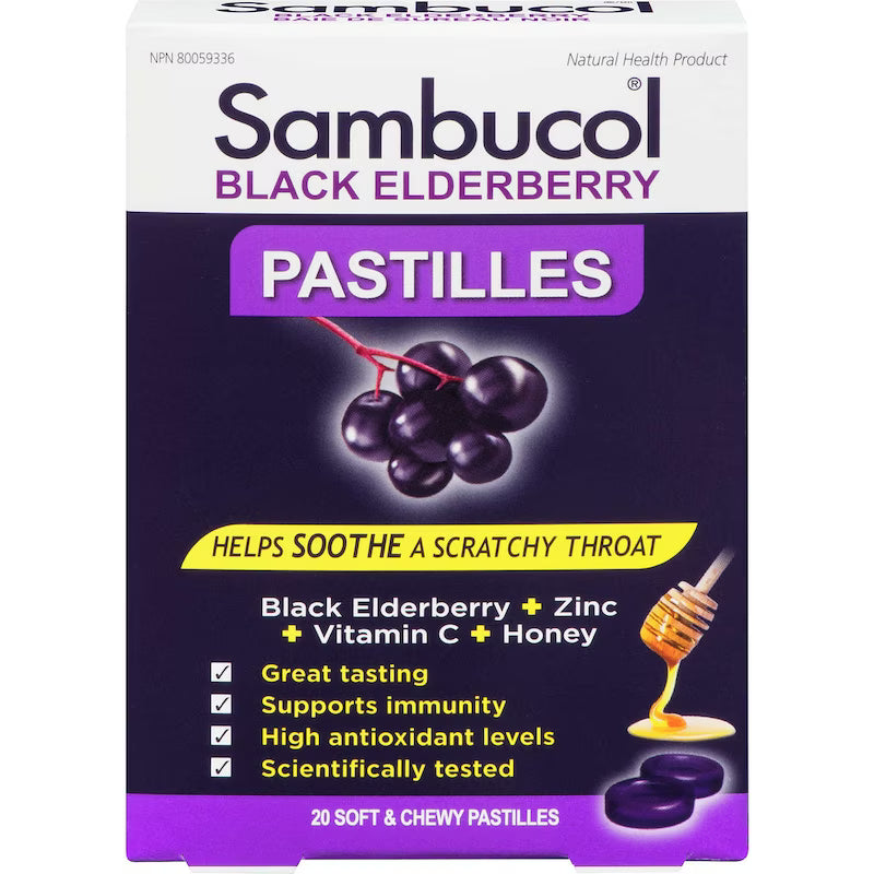 Sambucol Black Elderberry Pastilles packaging on a white background - okotoks hc pharmacy