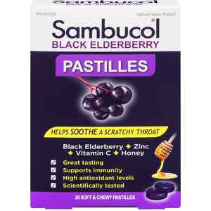 Sambucol Black Elderberry Pastilles packaging on a white background - okotoks hc pharmacy