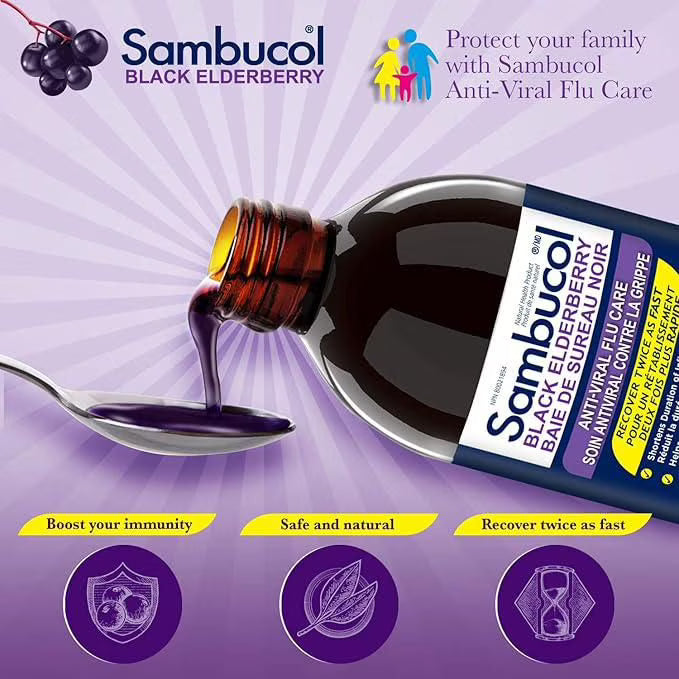 Sambucol Black Elderberry syrup bottle with purple liquid on a spoon against a purple background - okotoks hc pharmacy
