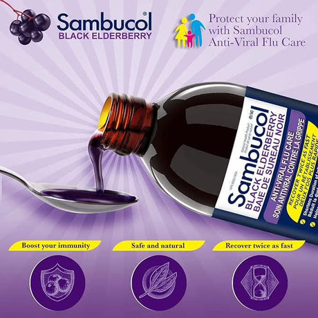 Sambucol Black Elderberry syrup bottle with purple liquid on a spoon against a purple background - okotoks hc pharmacy
