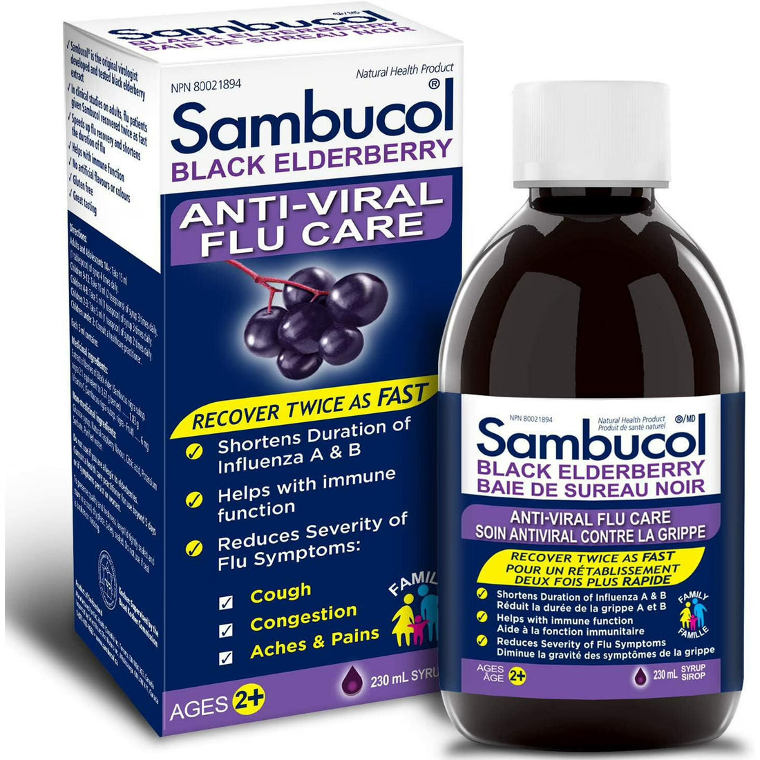 Sambucol Black Elderberry Anti-Viral Flu Care packaging and bottle on a white background - okotoks hc pharmacy