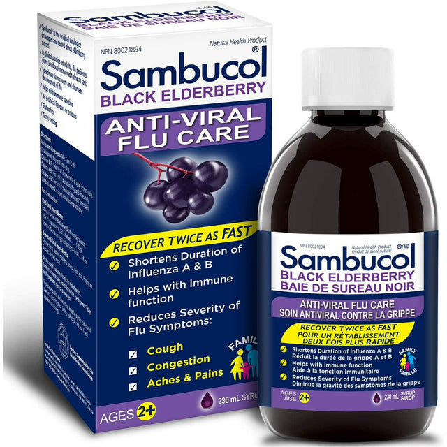 Sambucol Black Elderberry Anti-Viral Flu Care packaging and bottle on a white background - okotoks hc pharmacy
