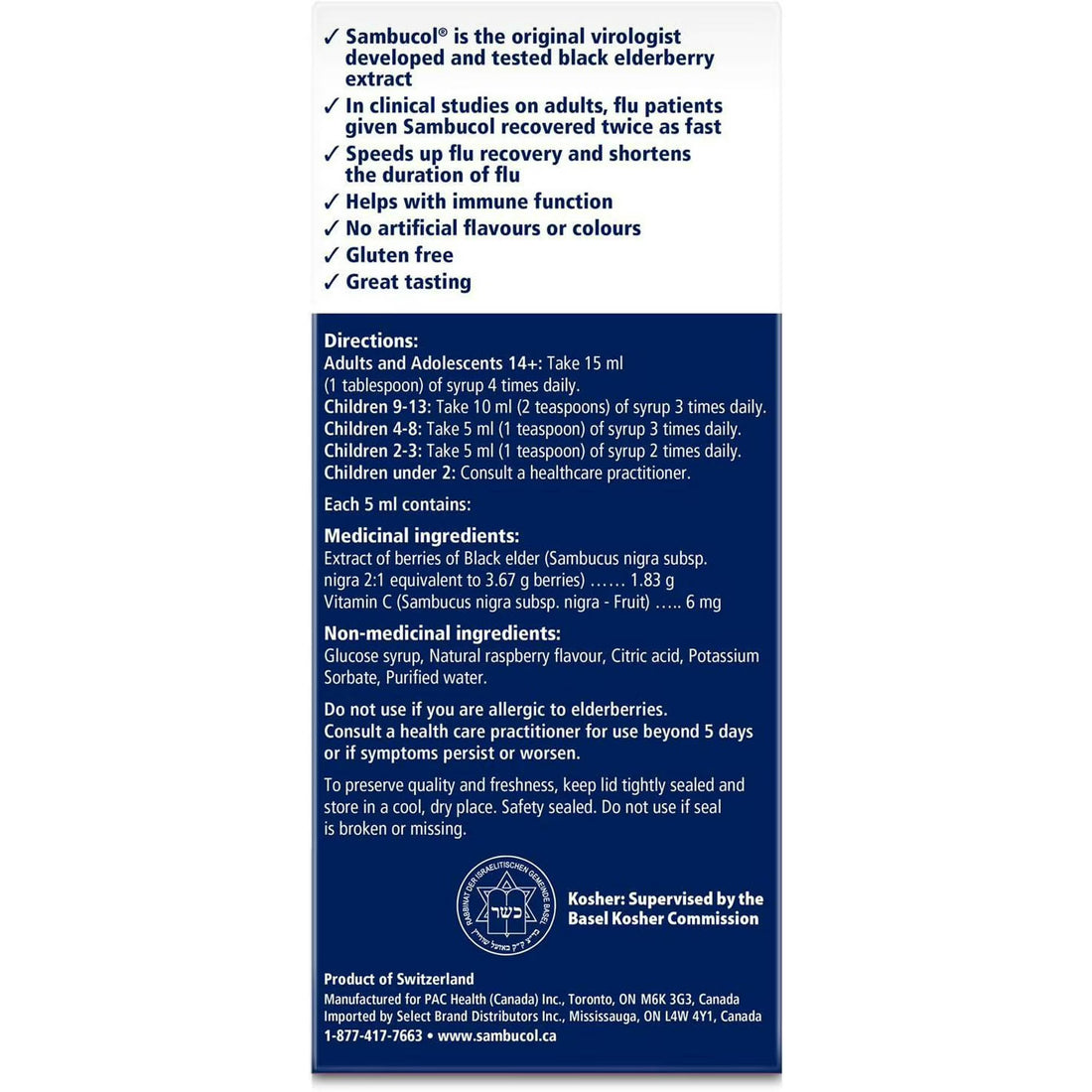 Sambucus product label with directions and ingredients on a white background - okotoks hc pharmacy
