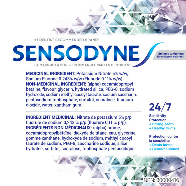 A white informational card for Sensodyne sensitivity protection, featuring the brand name in large blue letters, ingredient details in French and English, and a blue '24/7' badge with geometric crystal graphics in the background. - okotoks hc pharmacy