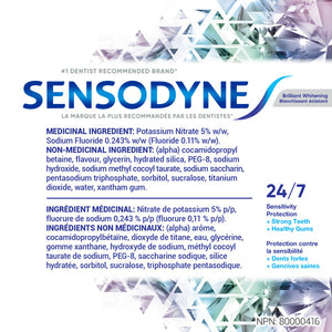 A white informational card for Sensodyne sensitivity protection, featuring the brand name in large blue letters, ingredient details in French and English, and a blue '24/7' badge with geometric crystal graphics in the background. - okotoks hc pharmacy