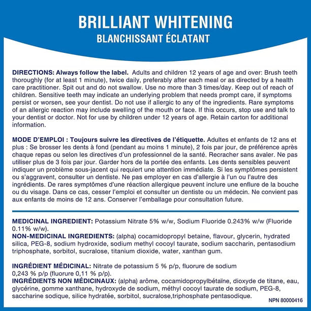 A French product information sheet for Sensodyne Brilliant Whitening Toothpaste containing directions, mode d'emploi, and ingredient lists on a white background with blue headers. - okotoks hc pharmacy
