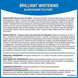 A French product information sheet for Sensodyne Brilliant Whitening Toothpaste containing directions, mode d'emploi, and ingredient lists on a white background with blue headers. - okotoks hc pharmacy