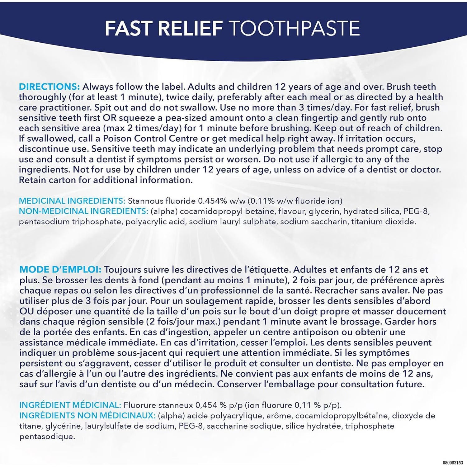 A boxed dental product labeled 'FAST RELIEF PASTE' with a large white background and blue header. The box includes French and English directions, ingredient lists, and usage instructions, plus a small product photo of the paste tube at the top. - okotoks hc pharmacy