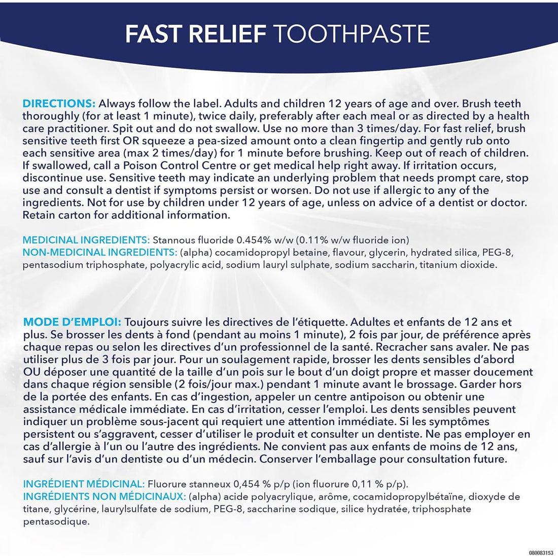 A boxed dental product labeled 'FAST RELIEF PASTE' with a large white background and blue header. The box includes French and English directions, ingredient lists, and usage instructions, plus a small product photo of the paste tube at the top. - okotoks hc pharmacy