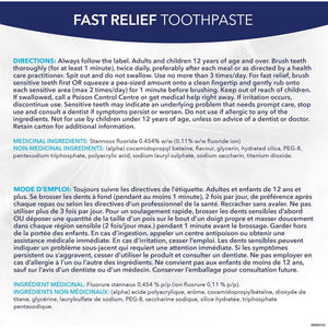 A boxed dental product labeled 'FAST RELIEF PASTE' with a large white background and blue header. The box includes French and English directions, ingredient lists, and usage instructions, plus a small product photo of the paste tube at the top. - okotoks hc pharmacy
