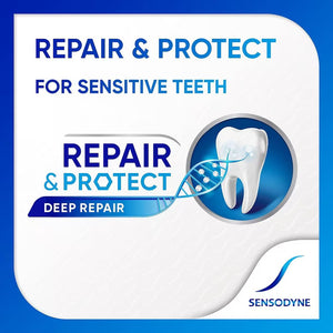 Sensodyne Repair & Protect Deep Repair toothpaste packaging, featuring a white and blue design with a graphic of a sensitive tooth and a DNA strand. - okotoks hc pharmacy