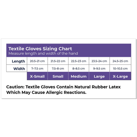 Textile gloves sizing chart with measurement ranges and glove sizes on a white background. - okotoks hc pharmacy