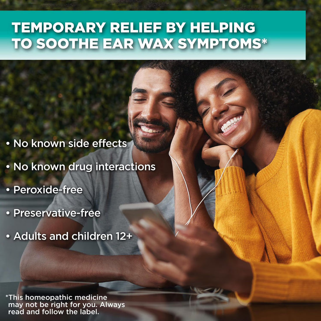 Couple using a smartphone with text about ear wax symptoms relief. - okotoks hc pharmacy