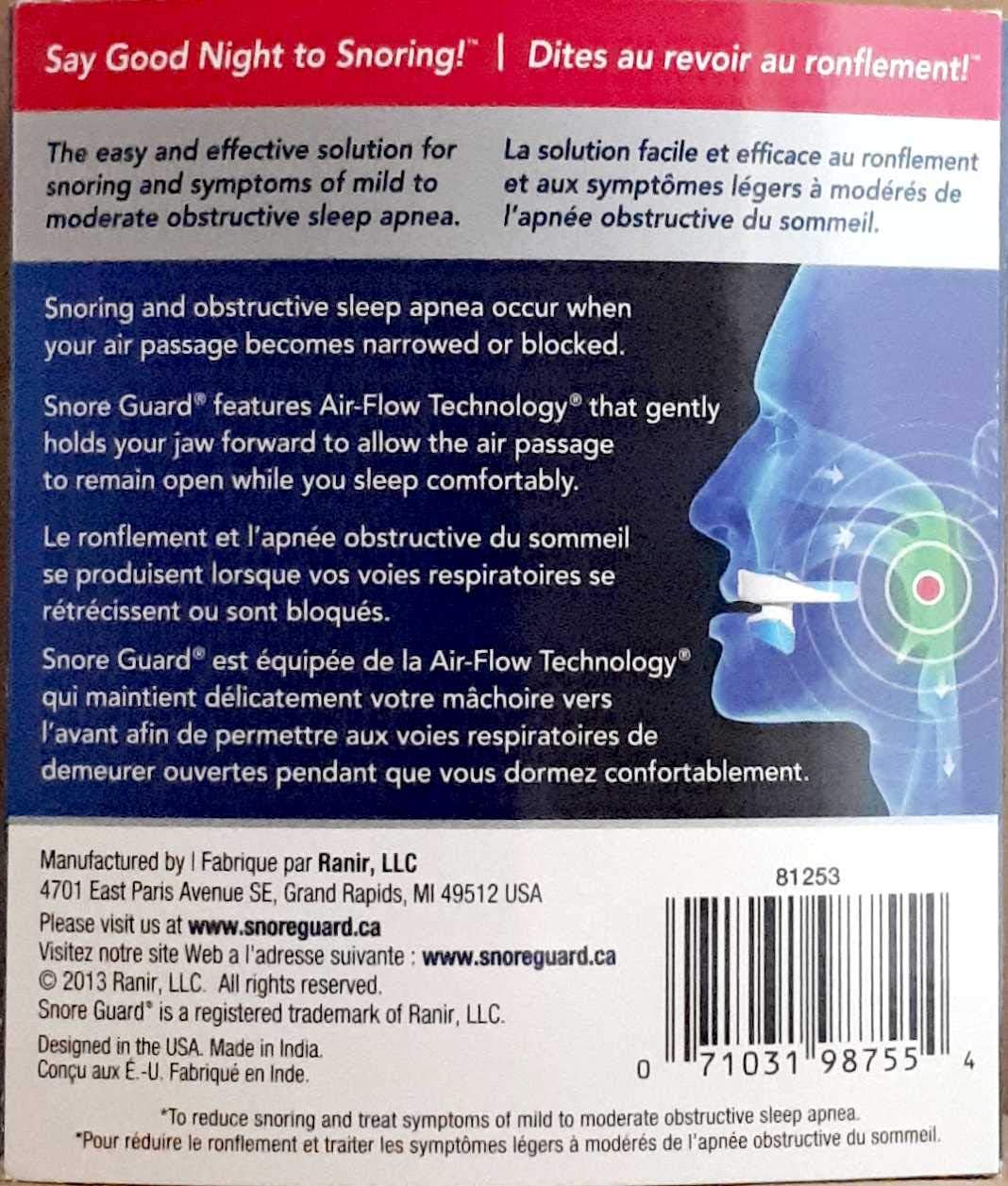 Back of a Snore Guard packaging with text and a diagram of a person using the product. - okotoks hc pharmacy